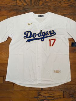 White and blue and gold Los Angeles dodgers Shohei Ohtani championship World Series patches Nike jersey 4XL 5XL 6XL showcase
