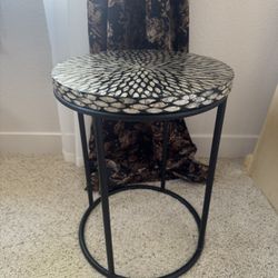 Modern Capiz Shell Accent Side Table | Black & White Mosaic | 20” Tall