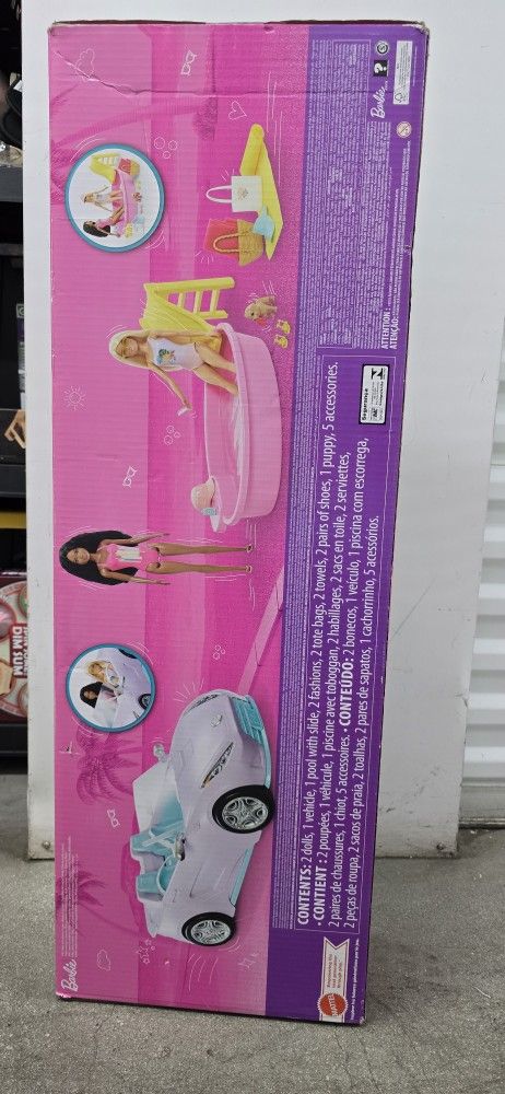 Two Barbie Dolls With Pool, Clothes And Car Set