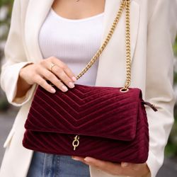 Elegant Burgundy Velvet Shoulder Bag, Quilted Chain Strap Handbag, Chic Evening Purse for Women