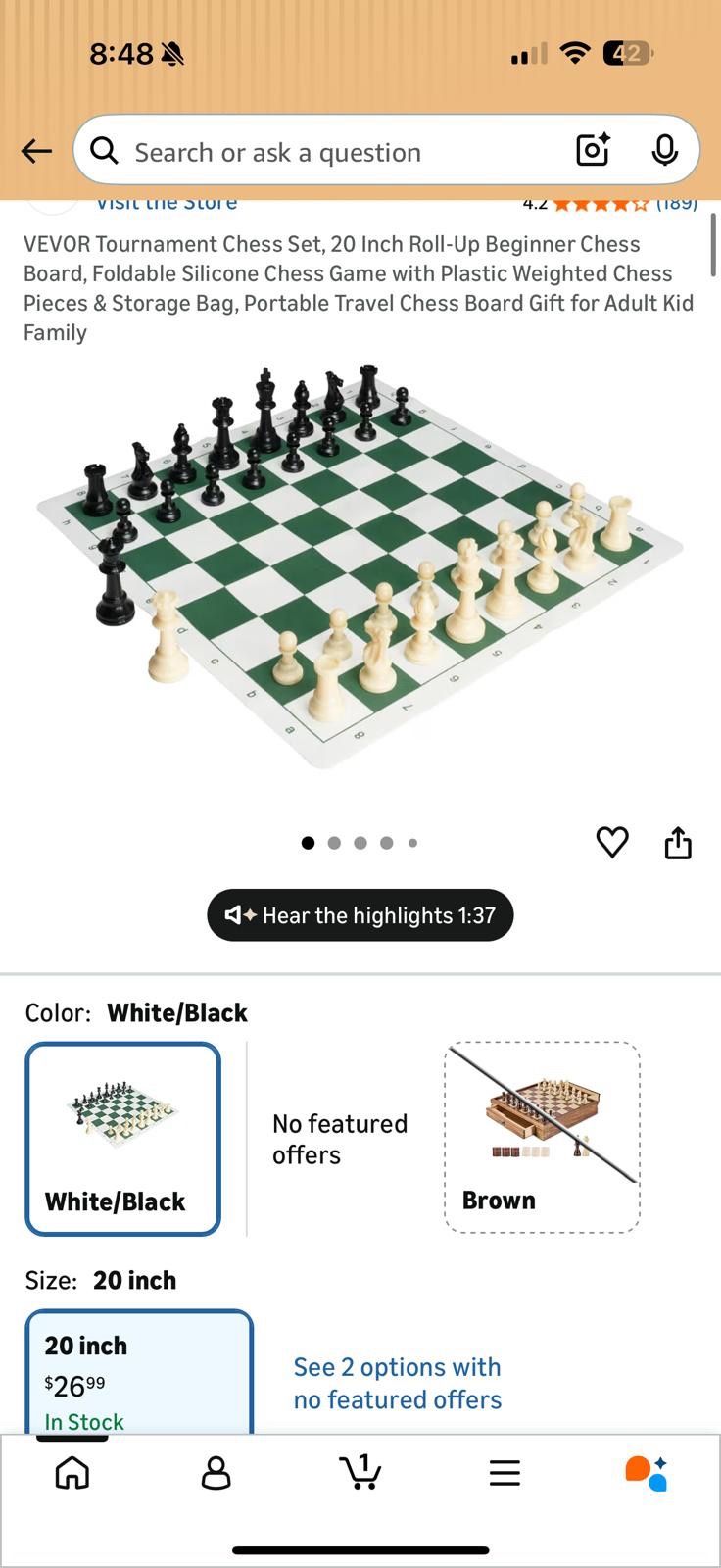 VEVOR Tournament Chess Set, 20 Inch Roll-Up Beginner Chess Board, Foldable Silicone Chess Game with Plastic Weighted Chess Pieces & Storage Bag, Porta