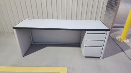 Office Desk 72" Commercial with Locking 3-Drawer File Pedestal – White/Gray