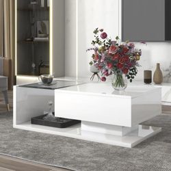 Modern Coffee Table with Tempered Glass, Wooden Cocktail Table with High-Gloss UV Surface, 2-Tier Rectangle Center Table for Living Room, White
