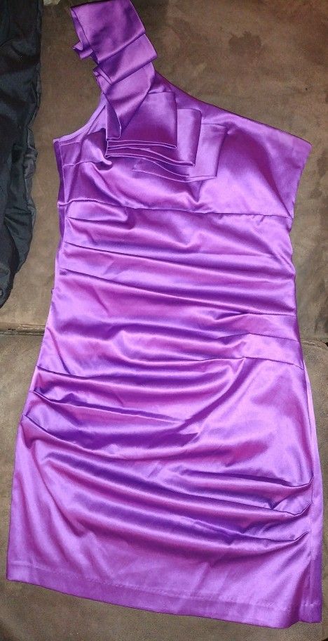 Rosette by Be Cool, Formal One Shoulder Mini Purple Dress. Silk Like Material..