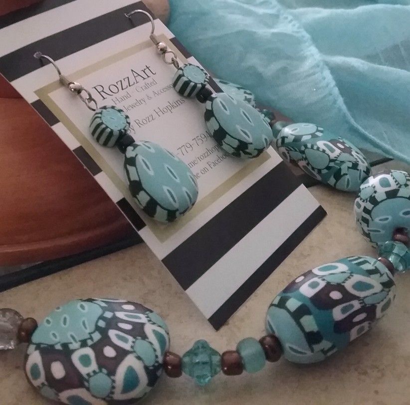 Hand Crafted, Turquoise And Copper Polymer clay Necklace And Earrings Set By RozzArtDesigns.