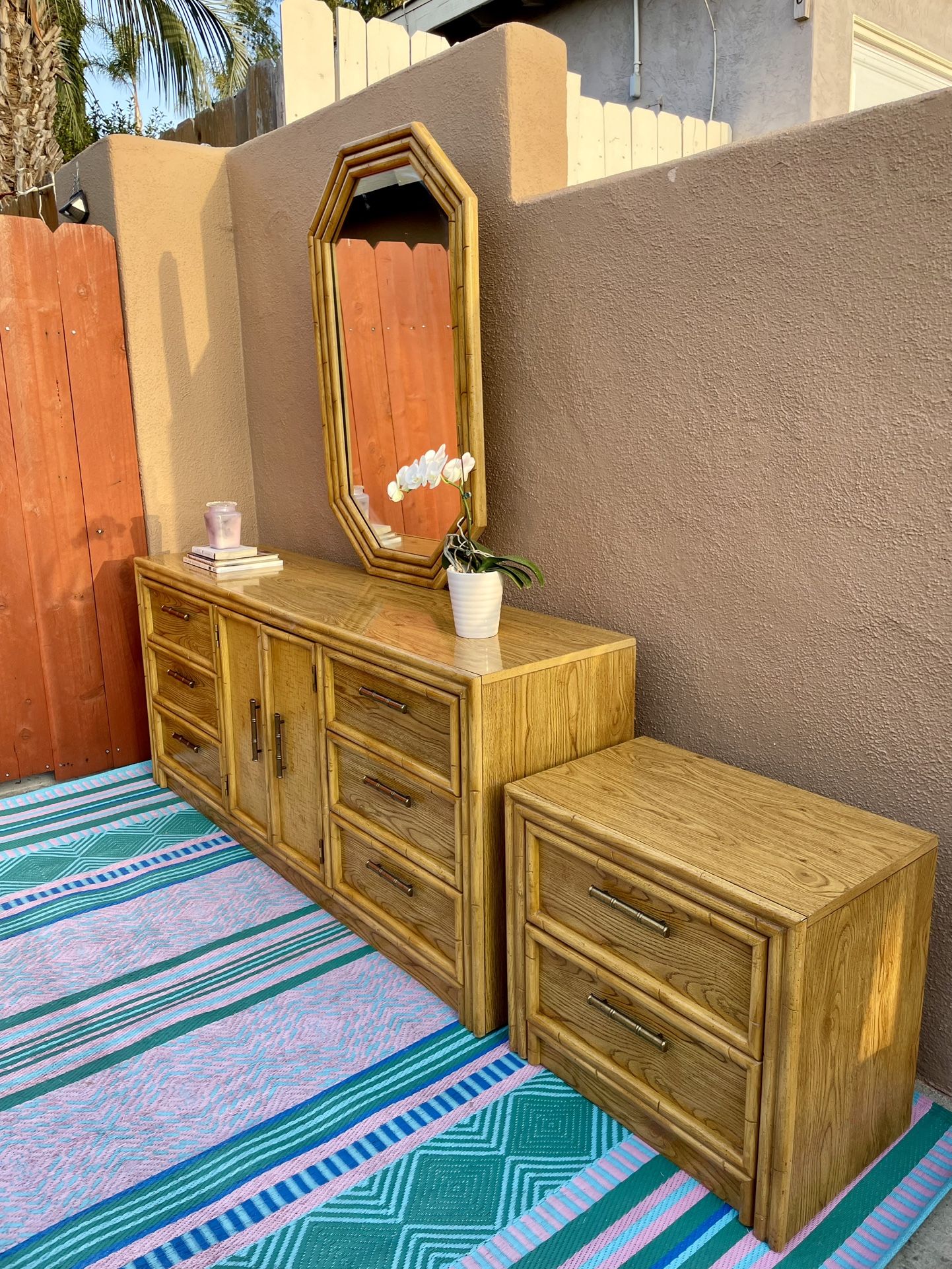 Dresser mirror nightstand bedroom set faux bamboo vintage mcm mid century modern tiki tropical retro