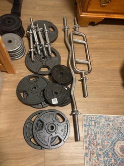 Rogue Flat Bench and lots of iron weights and bars