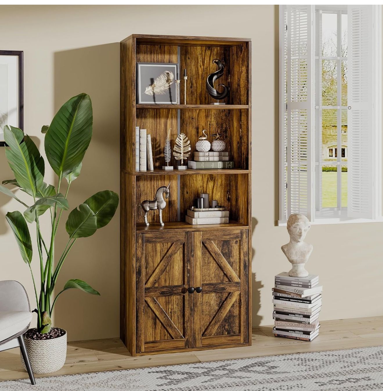 Bookshelves and Bookcases with Storage 5-Tier Floor Standing Farmhouse Bookshelf with 2 Storage Shelves and Adjustable Shelf for Home Office Living Ro