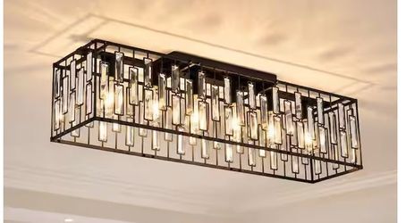38.7 in. 6-Light Black Modern Crystal Rectangle Flush Mount with No Bulbs Included