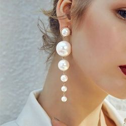 Trendy Elegant Created Big Pearl String Long Earrings Statement Dangle Earring Lady Wedding Accessories Party Gift
