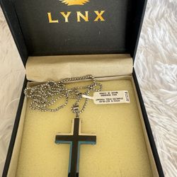 LYNX Men's Tri-Tone Stainless Steel Cross Pendant Necklace-NEW in Box