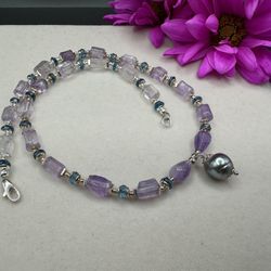 Natural amethyst, topaz and Tahitian pearl necklace. 925 solid sterling silver.