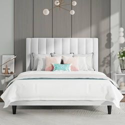 Full Size Bed Frame/Velvet Upholstered Platform Bed Frame with Headboard/Strong Wood Slats Support/Mattress Foundation/No Box Spring Needed/Easy Assem