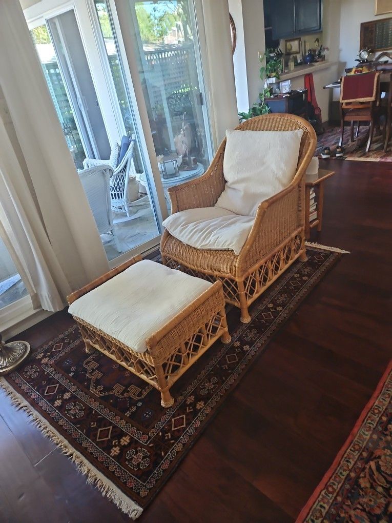 Vintage rattan and wicker arm chair and ottoman