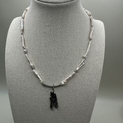 Baroque Stick Pearl Necklace with Rhodium-Plated Silver Dangle – Handmade