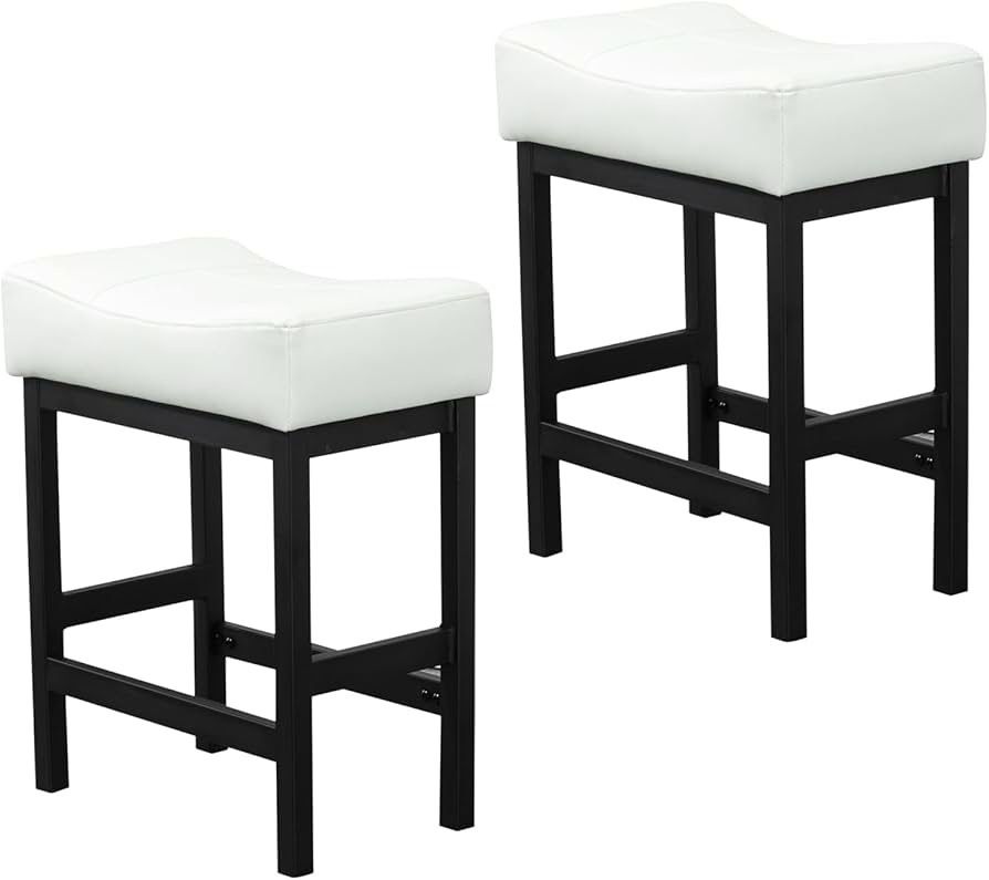 1301D Bar Stools Set of 2-Waterproof and Wear Resistant Counter Height Bar Stools, 24 Inch Saddle Stool, Modern Metal Base Upholstered Saddle Bar Stoo