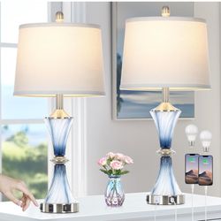 Blue Glass Table Lamp Set of 2 with USB C+A Ports & AC Outlet, Bedside Lamp, Modern Bedroom Lamps, Coastal Lamp for Night Stands Bedroom Living Room,N