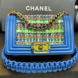 Chanel Old Small Boy Flap Bag Blue Rainbow Woven PVC with Lambskin Multicolor Gradient