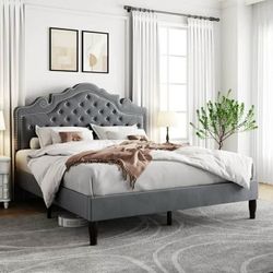 Queen Bed Frame, Velvet Tiara Upholstered Diamond Button Tufted Headboard, No Box Spring Needed, Gray