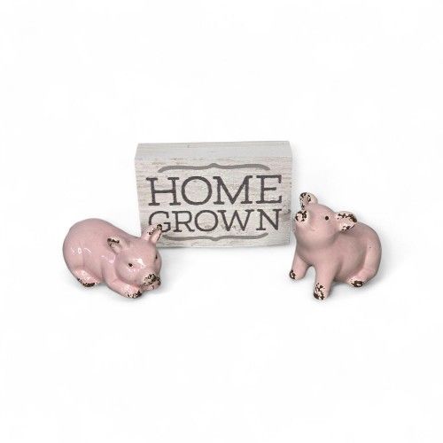 Farmhouse Decor Lot Pink Ceramic Pigs and Wooden Home Grown Sign Tiered Tray