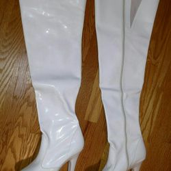 Pleaser White Faux patent thigh high boots