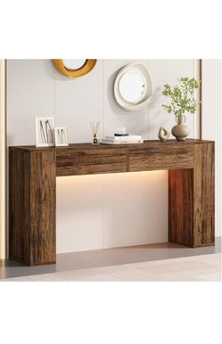 Console Table with LED Light and 2 Drawers, Rustic Brown