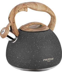 Tea Kettle, 2.7 Quart Natural Stone Finish with Wood Pattern Handle Loud Whistle Food Grade Stainless Steel Teapot, Anti-Hot Handle and Anti-Rust, Sui