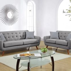 GRAY POLYFIBER FABRIC 2 PIECE SOFA LOVESEAT MID CENTURY MODERN COUCH SET - SILLONES