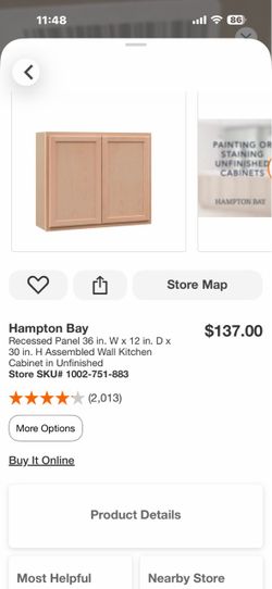 Hampton Bay Recessed Panel 36 in. W x 12 in. D x 30 in. H Assembled Wall Kitchen Cabinet in Unfinished Has one of the corners of the door broken Sale