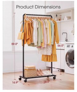 Clothes Rack - Clothing Rack with Storage Mesh Shelf & Casters, Heavy-Duty Metal Clothing Rack for Hanging Clothes, Dresses, Coats, Large Load Capacit