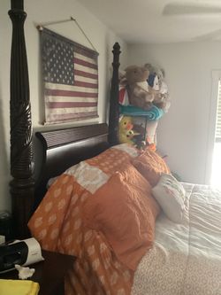 Queen four poster bed, side table w/ 3 drawers and dresser w/ 9 drawers