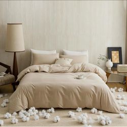 KAREVER Beige Comforter King Washed Cotton 3 PCs 100% Cotton Bedding Set