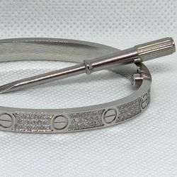 Full Paved Diamonds Stainless Steel Love Bracelet Silver Size 19 