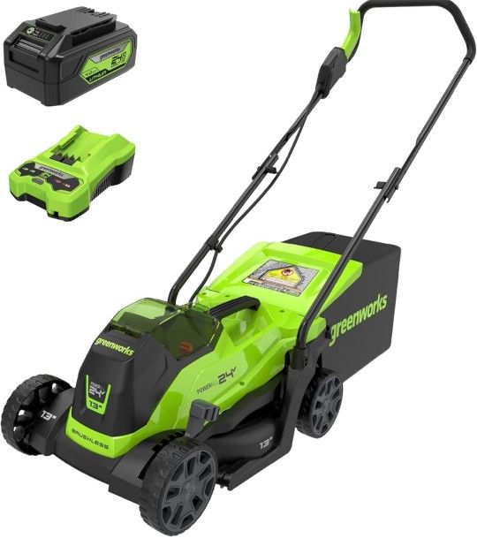 Greenworks 24V 13" Brushless Cordless (Push) Lawn Mower, 4.0Ah Battery and Charger Included