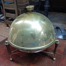 Mid Century Modern Atomic Retro Chaffing Dish Server Pyrex Brass Very Cool. Slightly Dusty Will Polish Up Nicely