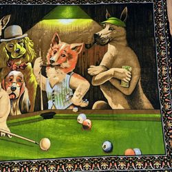 Dogs Playing Pool Billiards Tapestry Wall Hanging MCM Vintage 