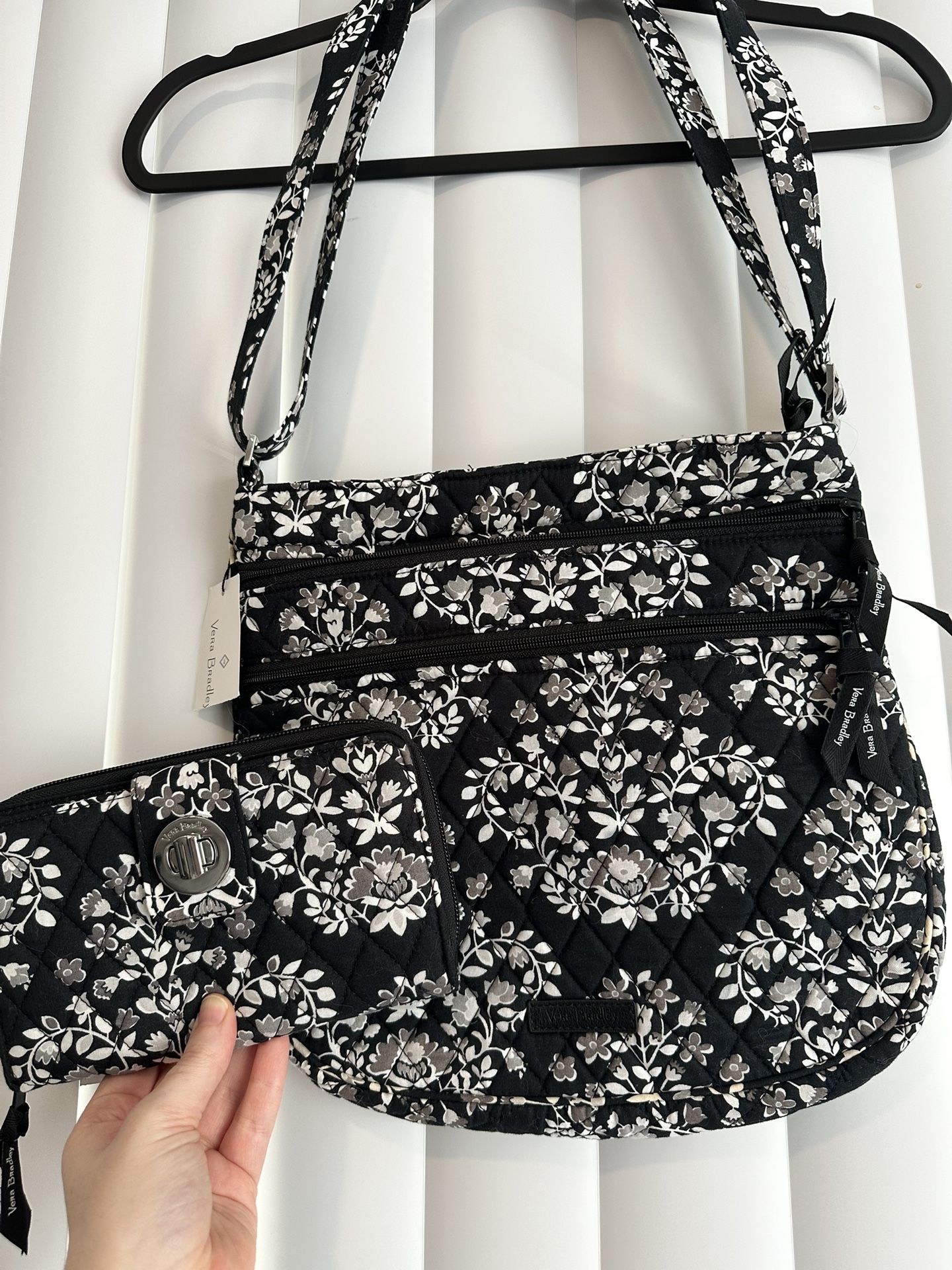 Vera Bradley Chandelier Black Floral Turn Lock Wallet And Crossbody Shoulder Purse