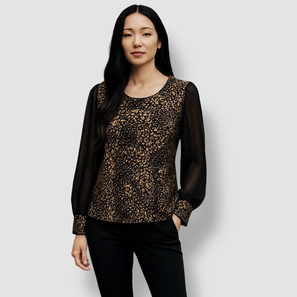 Gorgeous Black Gold Metallic Print Long Sleeve Career Tunic Party Top | Size 2XL