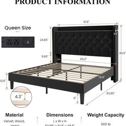 Queen Size Platform Bed Frame with Charging Station, Velvet Wingback Headboard with Storage Shelf, Wooden Slats Support, Ample Under-Bed Space, No Box