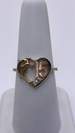 14k Quinceañera heart dolphin gold ring