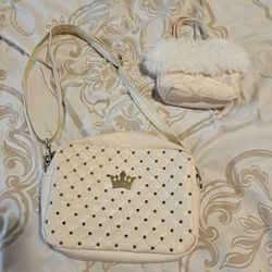 Cream Purse With Crown And Small Fur Trimmed Bag