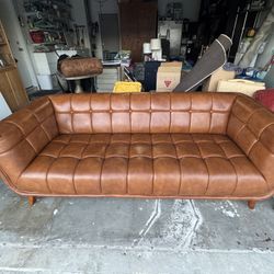 Mid-Century Modern Tufted Leather Sofa Couch  – Cognac Brown