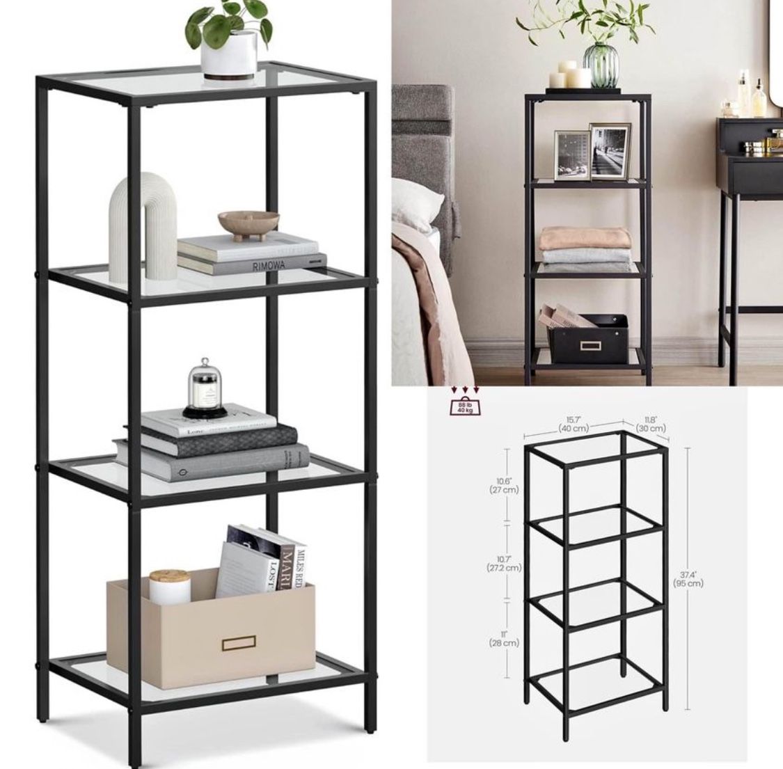 Bookcase, 4-Tier Bookshelf, Slim Shelving Unit for Bedroom, Bathroom, Home Office, Tempered Glass, Steel Frame, Ink Black ULGT028B