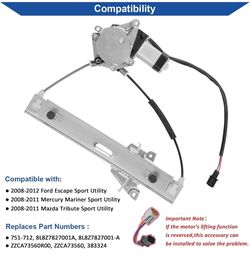 Rear Right Window Regulator with Motor for Ford, Mercury, Mazda: 2008-2012
