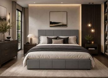 Full Size Bed Frame, Velvet Upholstered Platform Bed, Grey
Vertical Channel Tufted Adjustable Headboard, Low Profile Bed Frame, No Box Spring Needed, 
