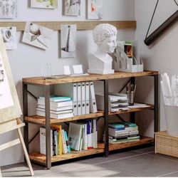 IRONCK Bookshelf Double Wide 55 in 3-Tier, Industrial Bookcases, Wood and Metal