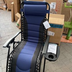 Zero Gravity Lounge Chair Folding Padded Recliner With Wooden Armrest Oversized Outdoor Indoor Blue