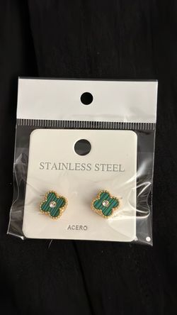 Stainless Steel Green Clover Stud Earrings