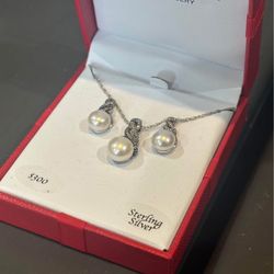 Macy’s Pearl & Sterling Silver Necklace And Earring Set