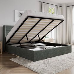 King Size Lift Up Hydraulic Storage Bed Frame Dark Grey Modern Wingback Headboar